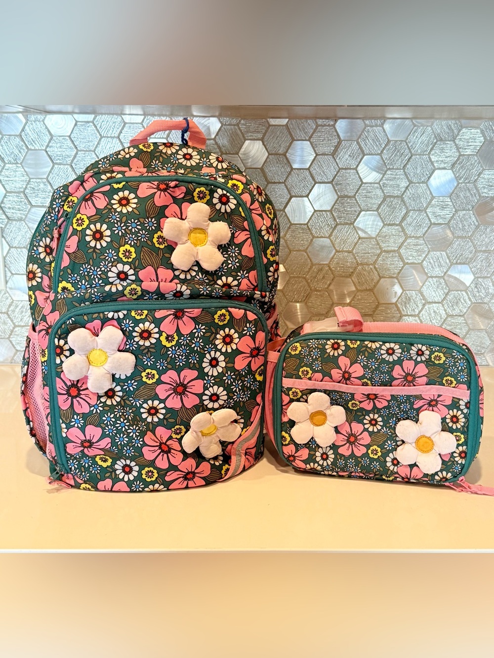 Kids Floral Backpack and Lunch Bag Set - Pink & Teal